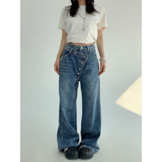 アシンメトリーボタンデザイン デニムパンツ 10004