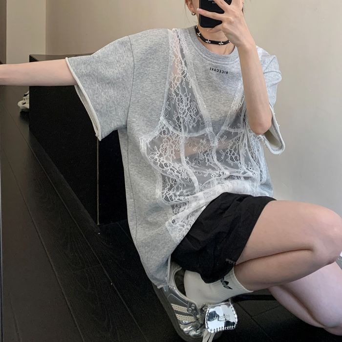 シア―レース切替 Tシャツ 10093