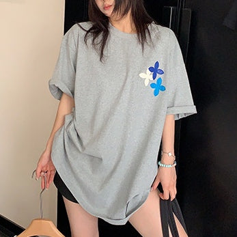 フラワーアップリケ バックデザイン オーバーサイズ Tシャツ 10267