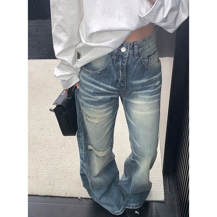 ワイドレッグ ダメージジーンズ 10028