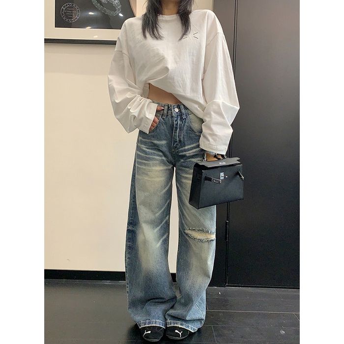 ワイドレッグ ダメージジーンズ 10028