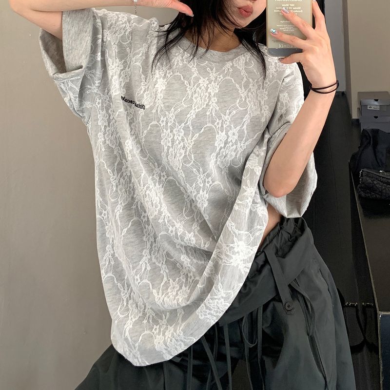 刺繍レース オーバーサイズTシャツ 10038