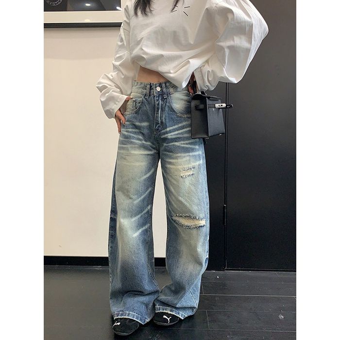 ワイドレッグ ダメージジーンズ 10028