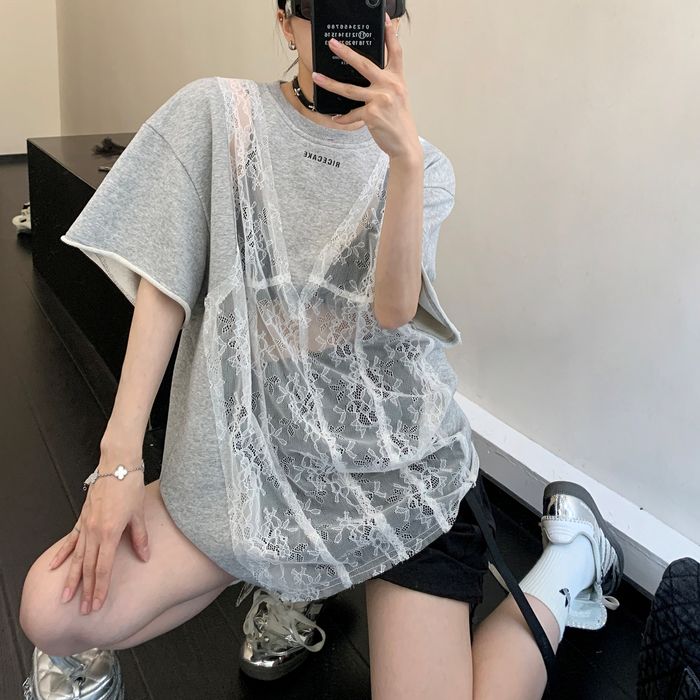 シア―レース切替 Tシャツ 10093