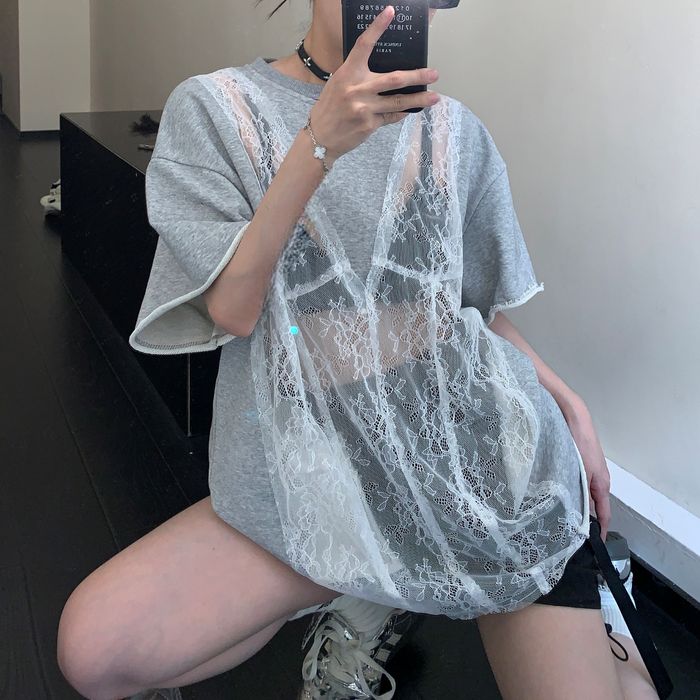 シア―レース切替 Tシャツ 10093