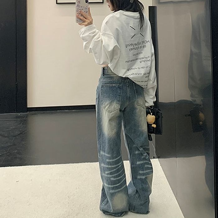 ワイドレッグ ダメージジーンズ 10028