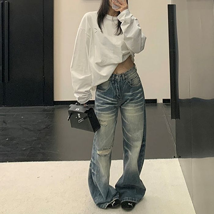 ワイドレッグ ダメージジーンズ 10028