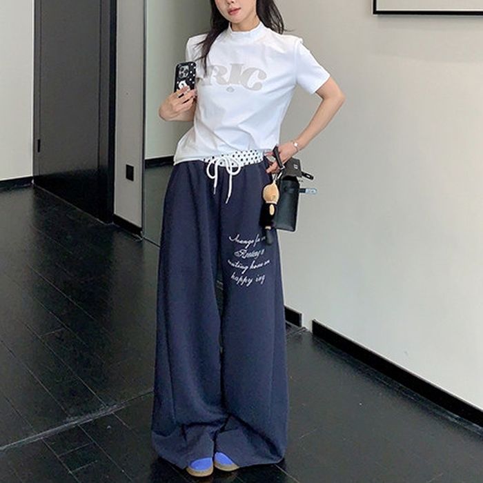 ドット柄ウエスト レタリング ワイドパンツ 10027