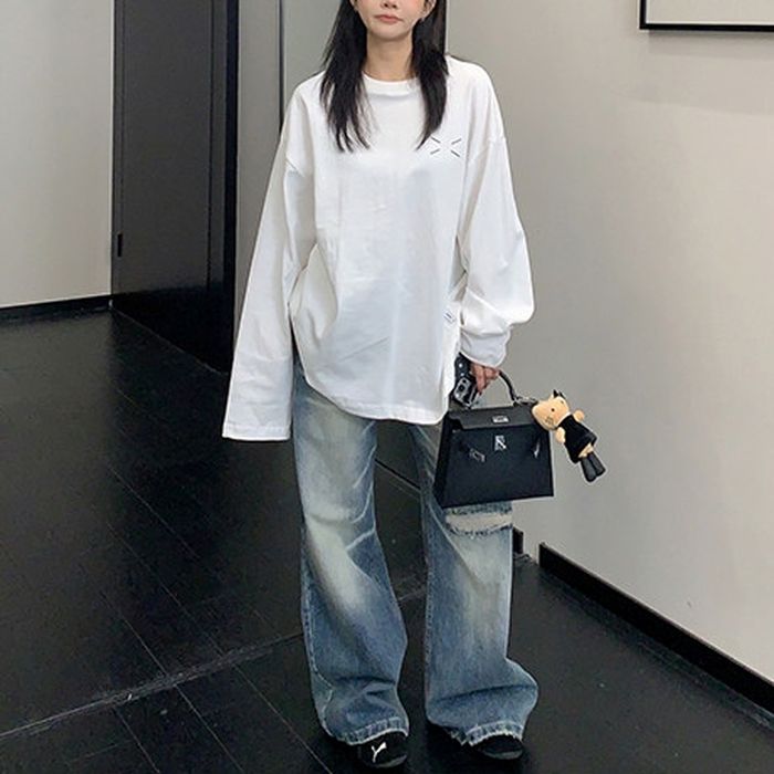 ワイドレッグ ダメージジーンズ 10028