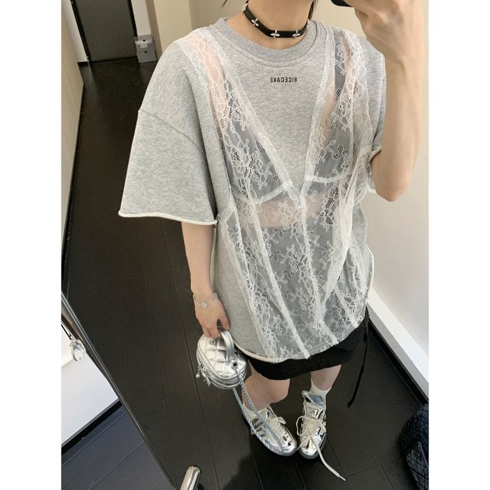 シア―レース切替 Tシャツ 10093