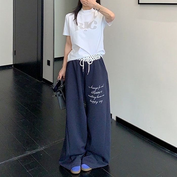 ドット柄ウエスト レタリング ワイドパンツ 10027