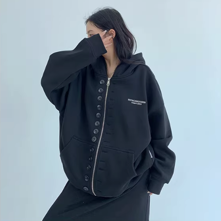 ボタン＆ジップ フード付きアウター 10025