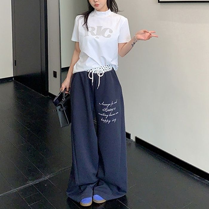 ドット柄ウエスト レタリング ワイドパンツ 10027
