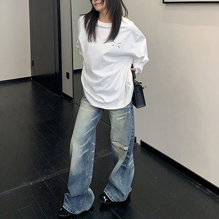 ワイドレッグ ダメージジーンズ 10028