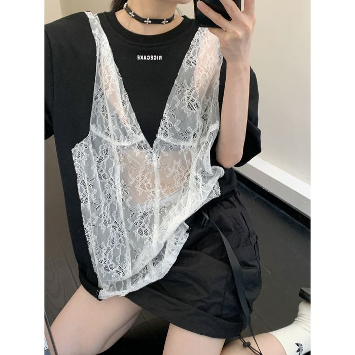 シア―レース切替 Tシャツ 10093