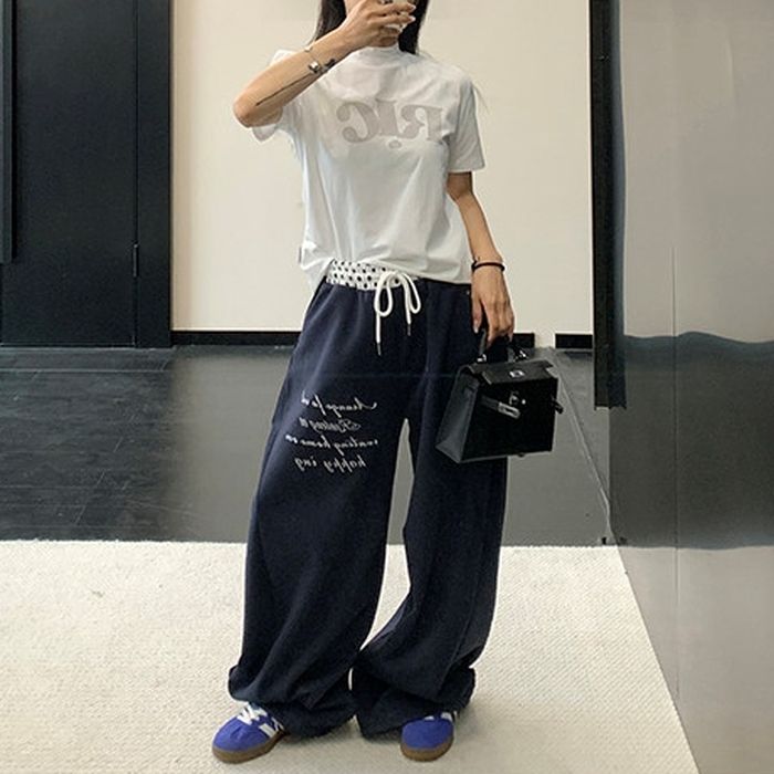 ドット柄ウエスト レタリング ワイドパンツ 10027