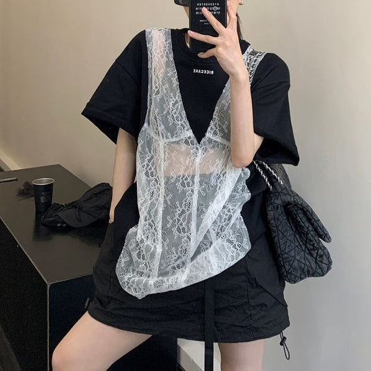 シア―レース切替 Tシャツ 10093