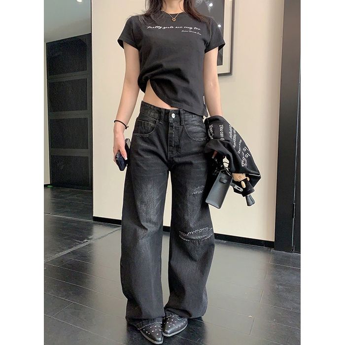 ワイドレッグ ダメージジーンズ 10028