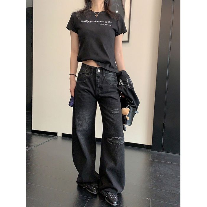 ワイドレッグ ダメージジーンズ 10028