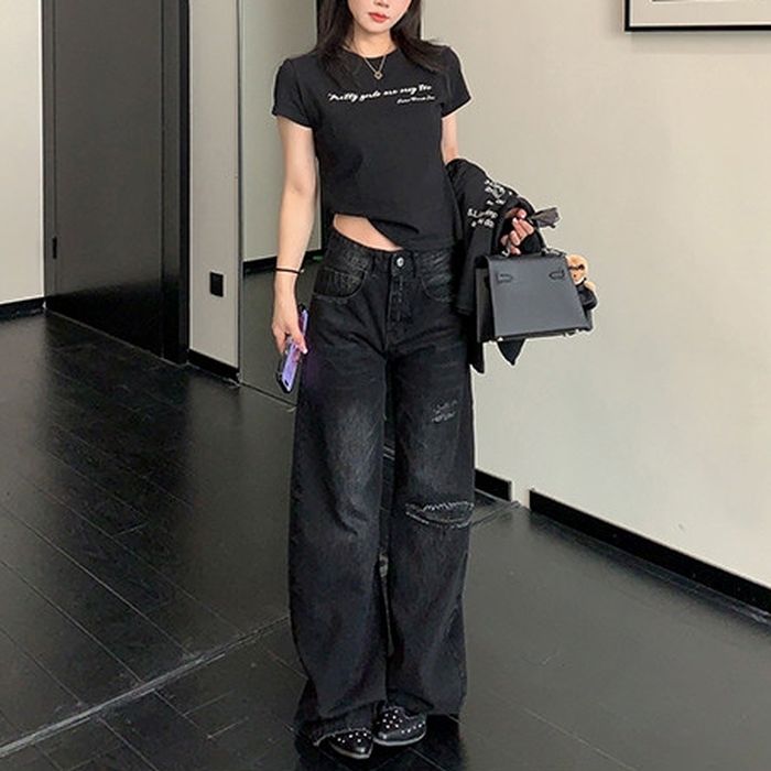 ワイドレッグ ダメージジーンズ 10028