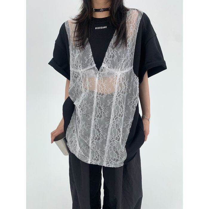 シア―レース切替 Tシャツ 10093