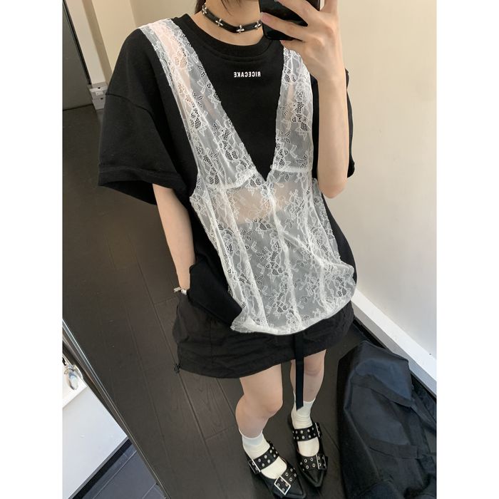 シア―レース切替 Tシャツ 10093