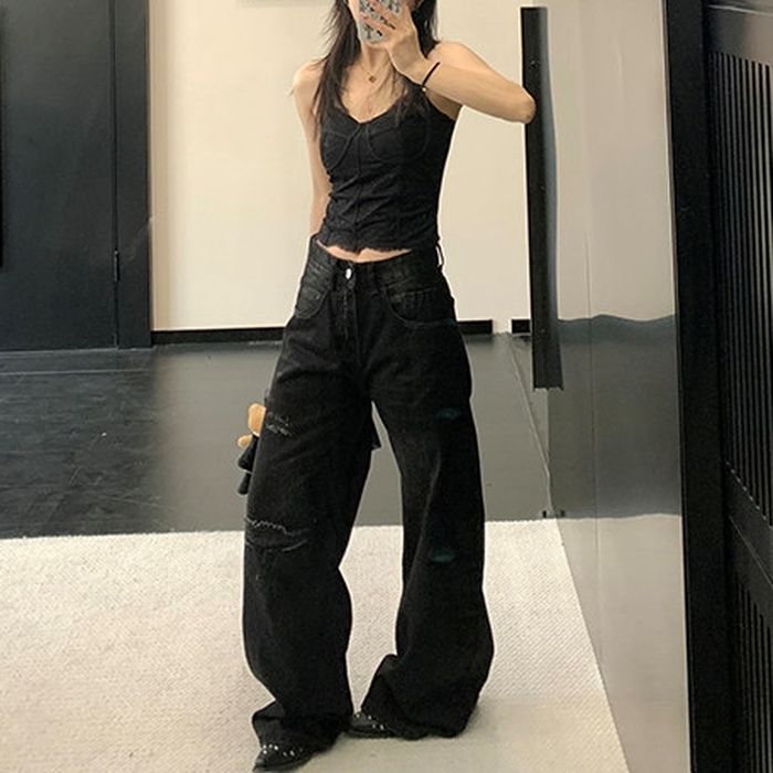 ワイドレッグ ダメージジーンズ 10028