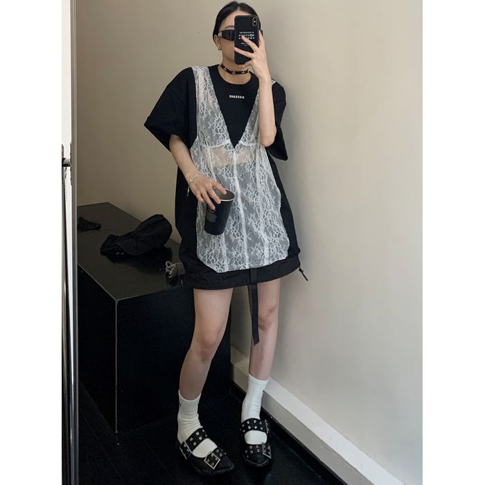 シア―レース切替 Tシャツ 10093