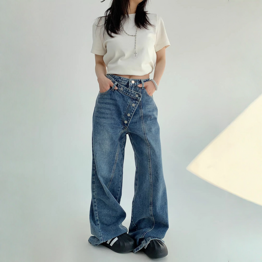 アシンメトリーボタンデザイン デニムパンツ 10004