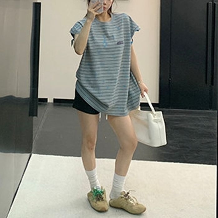 ボーダー柄 ダメージ加工 オーバーサイズTシャツ 10229