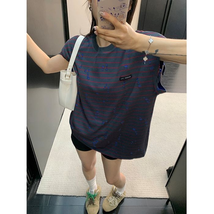 ボーダー柄 ダメージ加工 オーバーサイズTシャツ 10229