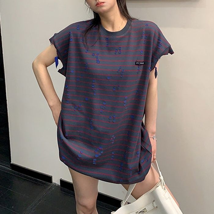 ボーダー柄 ダメージ加工 オーバーサイズTシャツ 10229