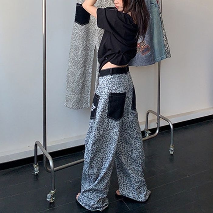 レオパード柄 コントラストポケット ワイドパンツ 10219