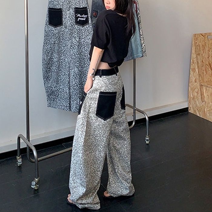 レオパード柄 コントラストポケット ワイドパンツ 10219
