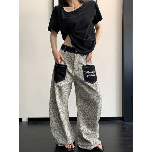レオパード柄 コントラストポケット ワイドパンツ 10219