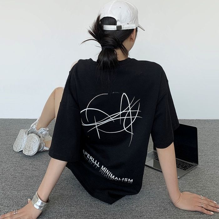 アシンメトリーデザイン バックプリント Tシャツ 10162