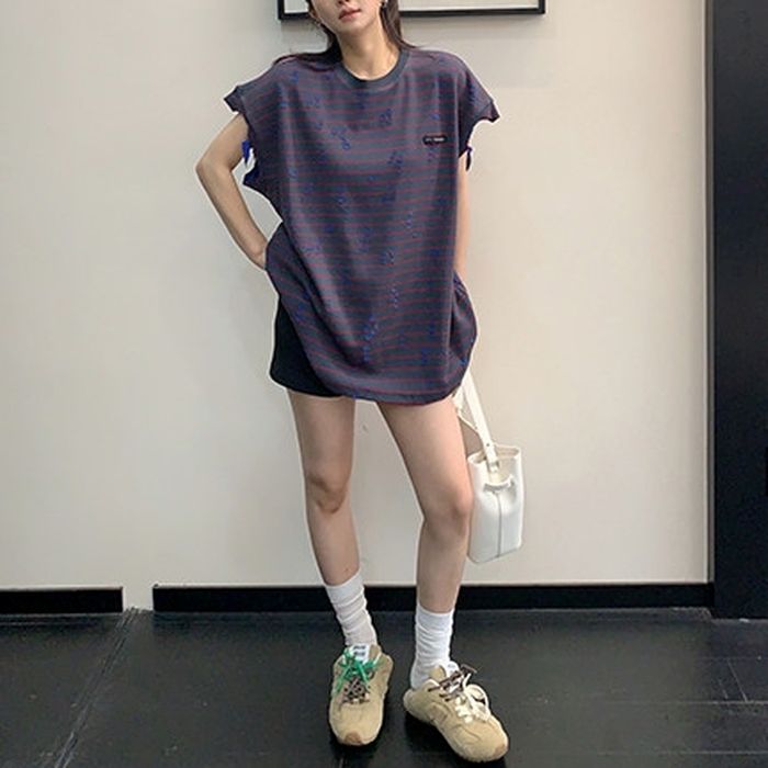 ボーダー柄 ダメージ加工 オーバーサイズTシャツ 10229