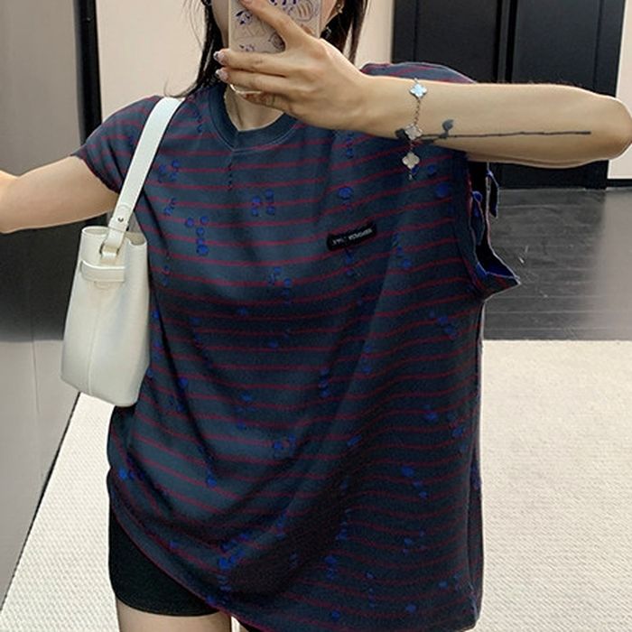 ボーダー柄 ダメージ加工 オーバーサイズTシャツ 10229