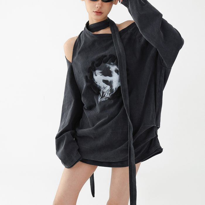 リボンタイ オフショルダー 長袖Tシャツ 10144