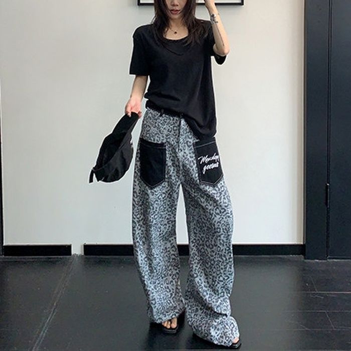 レオパード柄 コントラストポケット ワイドパンツ 10219