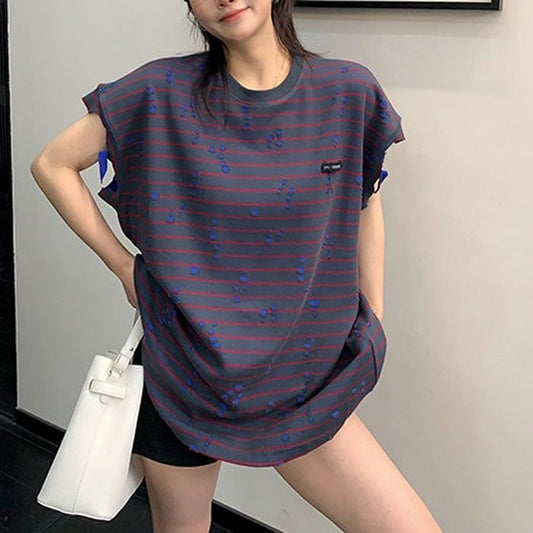 ボーダー柄 ダメージ加工 オーバーサイズTシャツ 10229
