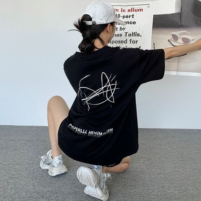 アシンメトリーデザイン バックプリント Tシャツ 10162