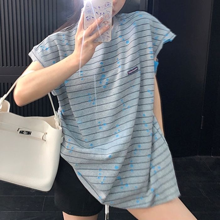 ボーダー柄 ダメージ加工 オーバーサイズTシャツ 10229
