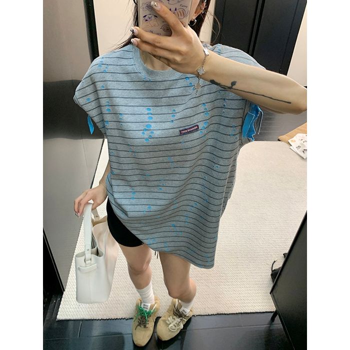 ボーダー柄 ダメージ加工 オーバーサイズTシャツ 10229