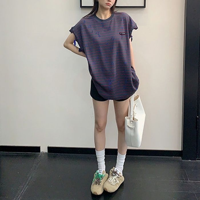 ボーダー柄 ダメージ加工 オーバーサイズTシャツ 10229