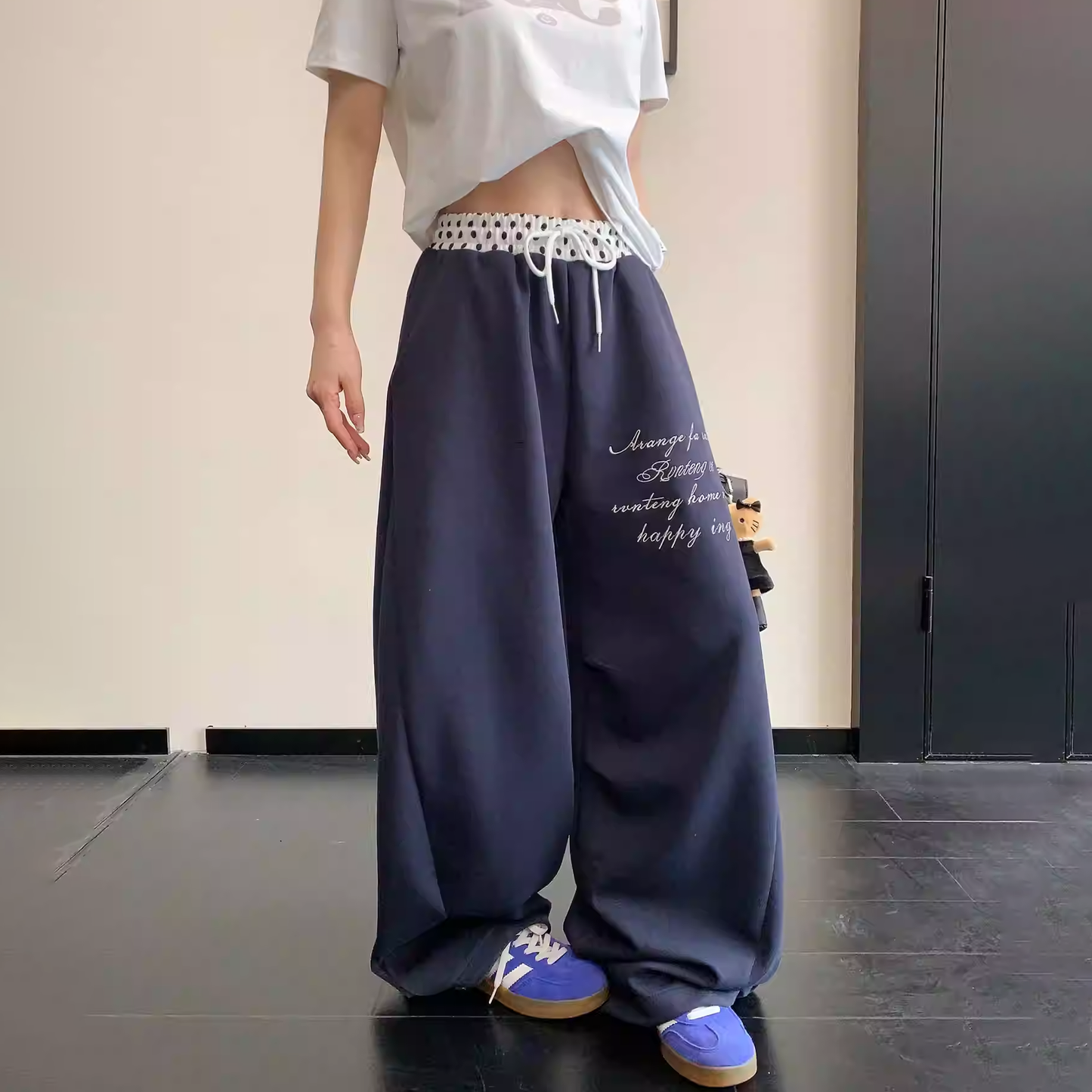 ドット柄ウエスト レタリング ワイドパンツ 10027